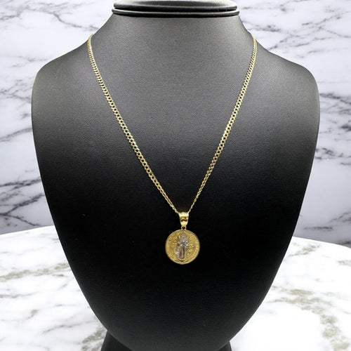 14K CUBAN CHAIN W/ 14K VIRGEN PENDANT