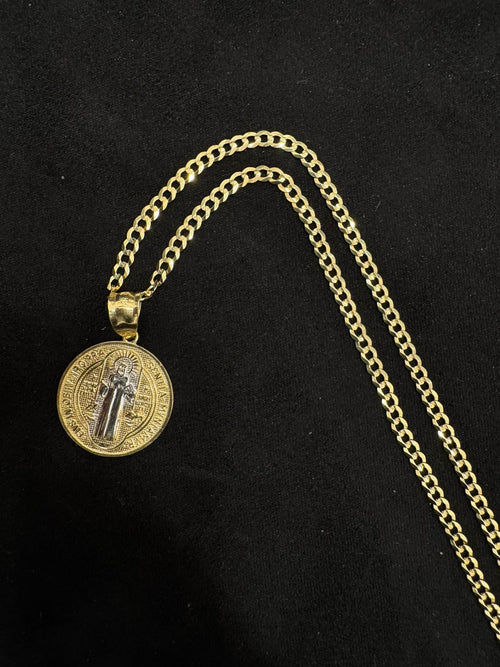 14K CUBAN CHAIN W/ 14K VIRGEN PENDANT